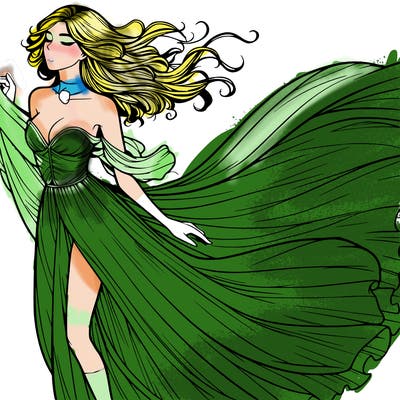 realistic woman in dress flowing the the wind