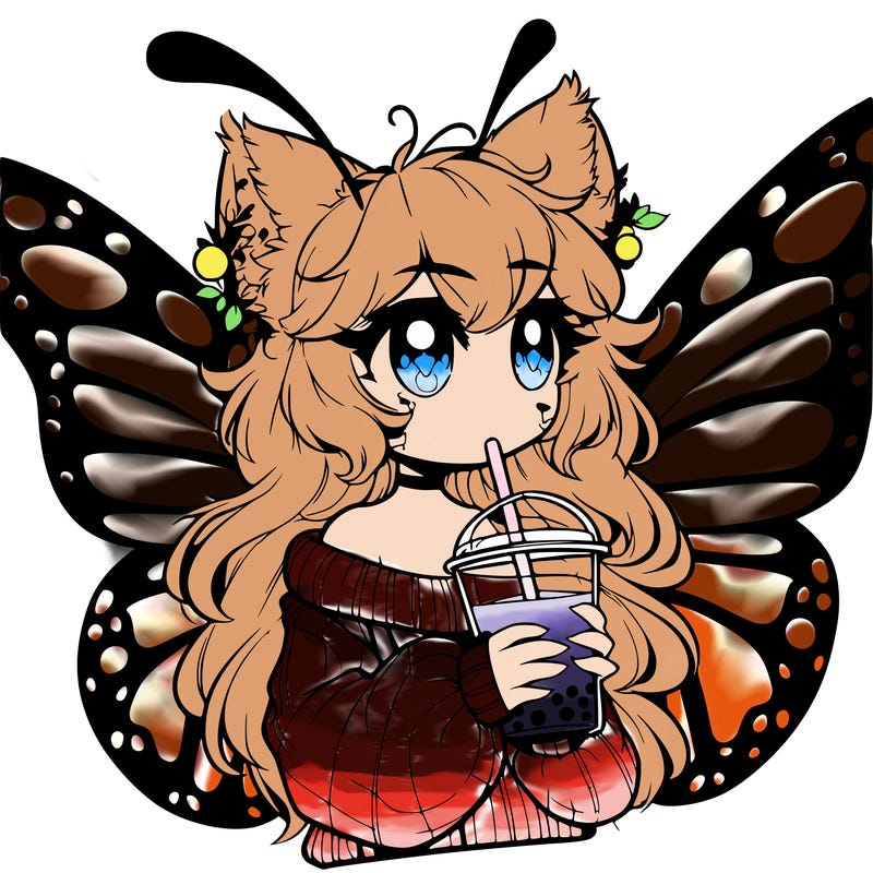 a realistic butterfly/furry girl drinking boba