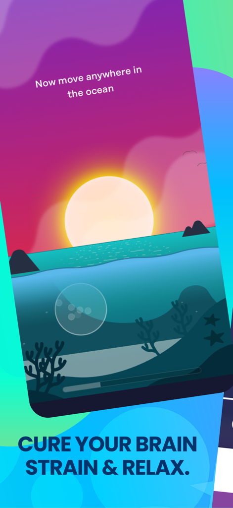 A meditation and relaxation screen in the Memorado app featuring a sunset over the ocean and the text Cure your brain strain and relax