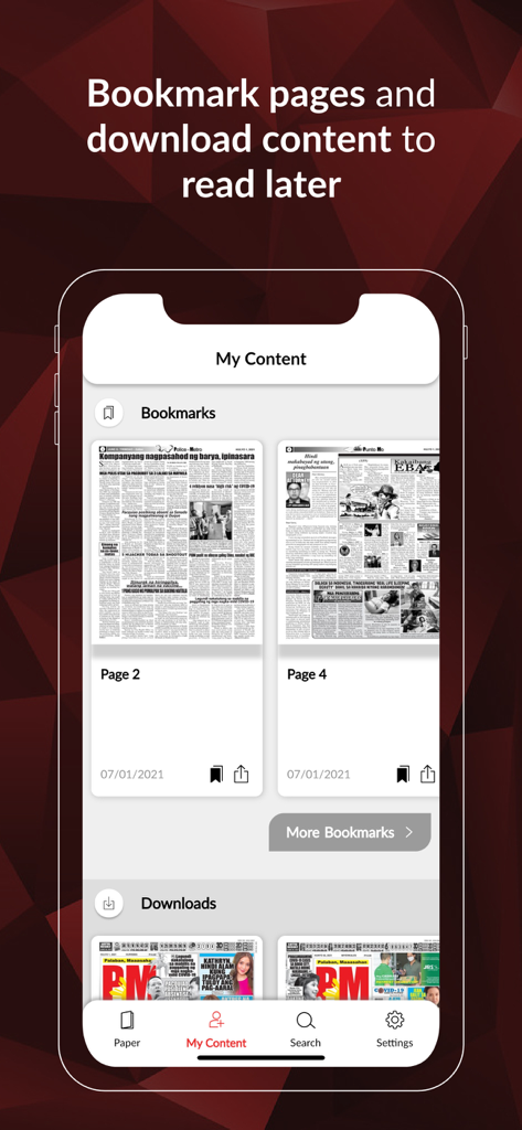 Pang Masa - Pang Masa app interface showing bookmarked and downloaded newspaper pages in the My Content section