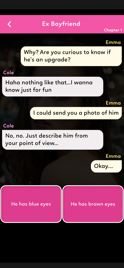 Gameplay screenshot of a chat story app with interactive conversation and choice buttons