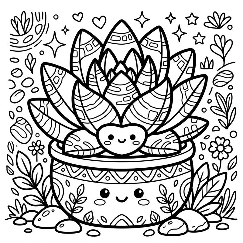 Bring this super cute Kawaii Haworthia succulent to life with your favorite colors! This charming plant, with its sweet little face, is nestled in a decorative pot, inviting you to a delightful coloring adventure.