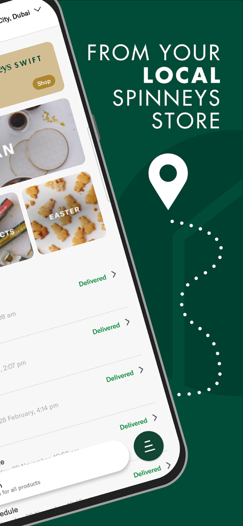Screenshot of the Spinneys mobile app showing a list of delivered grocery orders and local store branding.