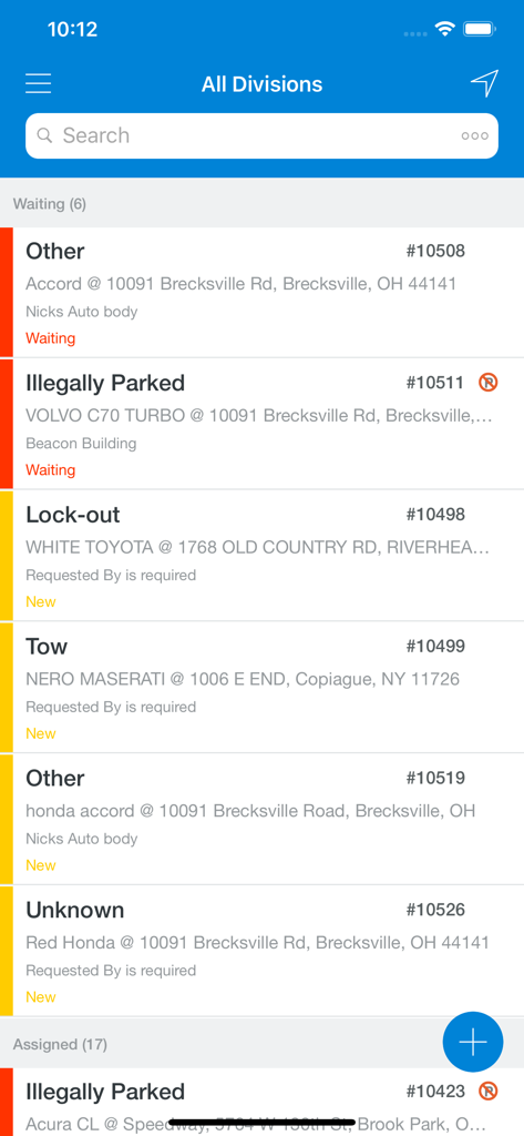 Dispatch Anywhere - A mobile screen showing a list of dispatch jobs including towing and illegally parked vehicle requests