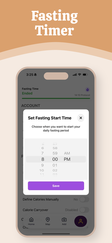 Last Calorie - Tela do aplicativo móvel mostrando a configuração do timer de jejum para o aplicativo de nutrição Last Calorie