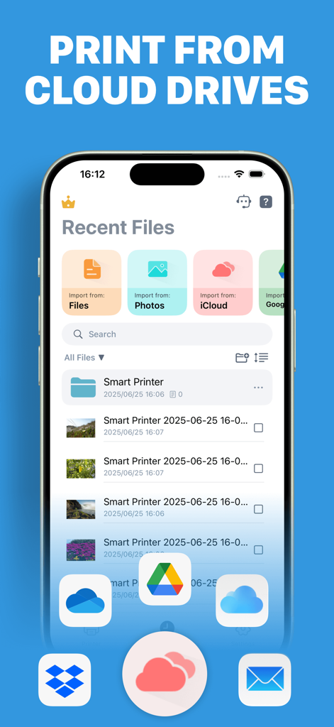 Smart Printer App · Air Print - Interfaccia dell'App Smart Printer che mostra le opzioni per stampare documenti direttamente dai servizi di archiviazione cloud