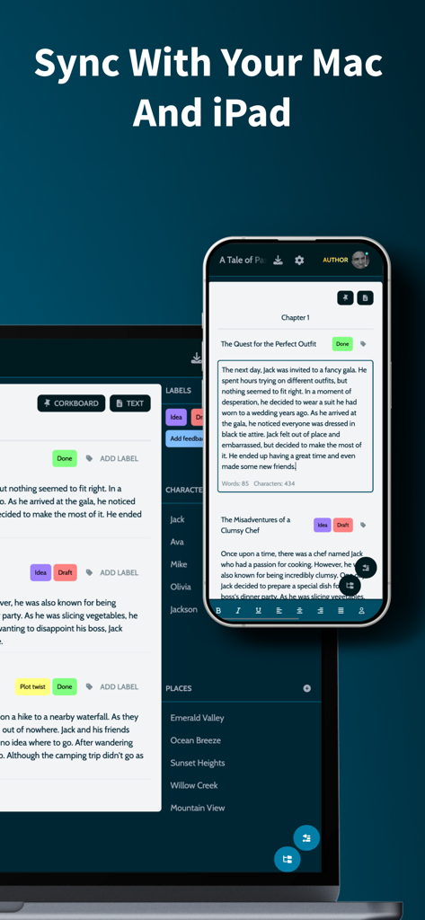 MyStory.today app interface on iPhone and Mac demonstrating cross-device synchronization for writers.