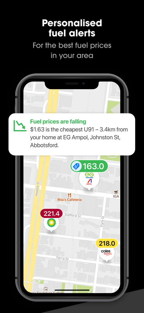 Arevo: VIC Journey Planner - Arevo app interface showing a fuel price notification and a map with various local petrol station prices.