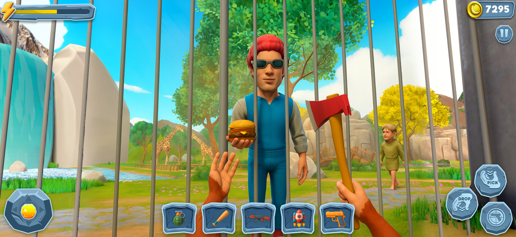 Monkey from Hell Zoo Cage Game - Visão em primeira pessoa de um macaco segurando um machado e pegando um hambúrguer de um visitante do zoológico atrás das grades.