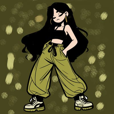 girl in baggy pants crop top and long hair