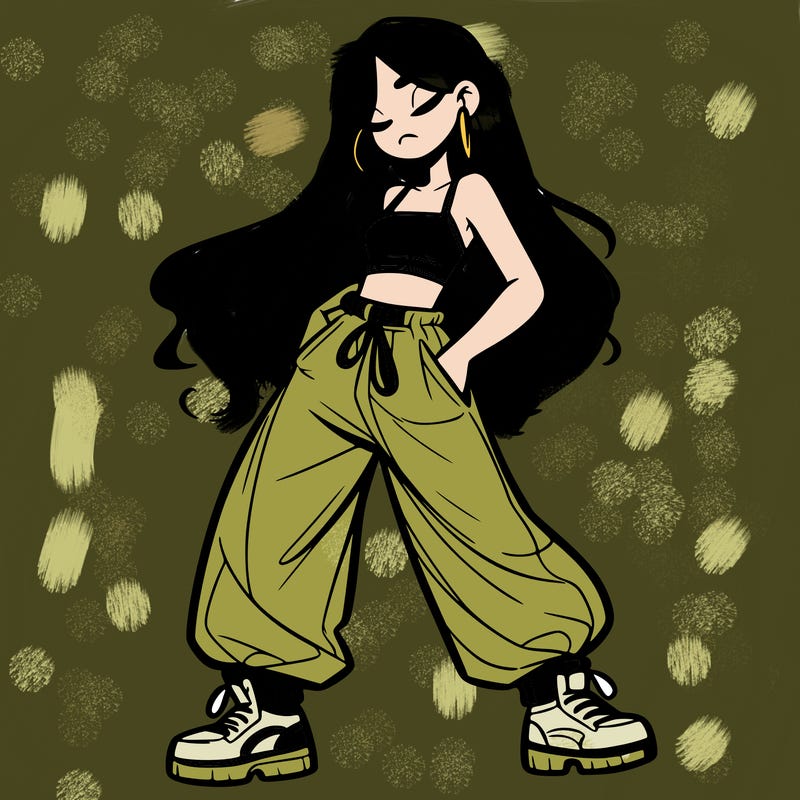 girl in baggy pants crop top and long hair