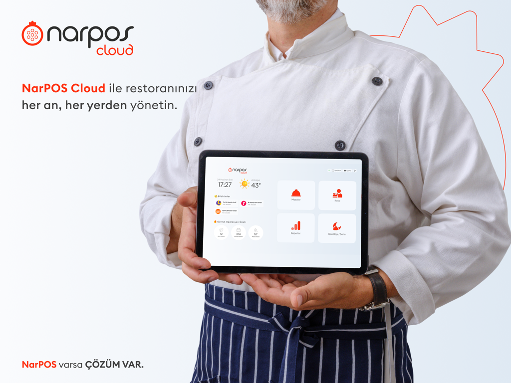 NarPOS Cloud - Un chef sosteniendo una tableta que muestra el panel de gestión de restaurantes NarPOS Cloud