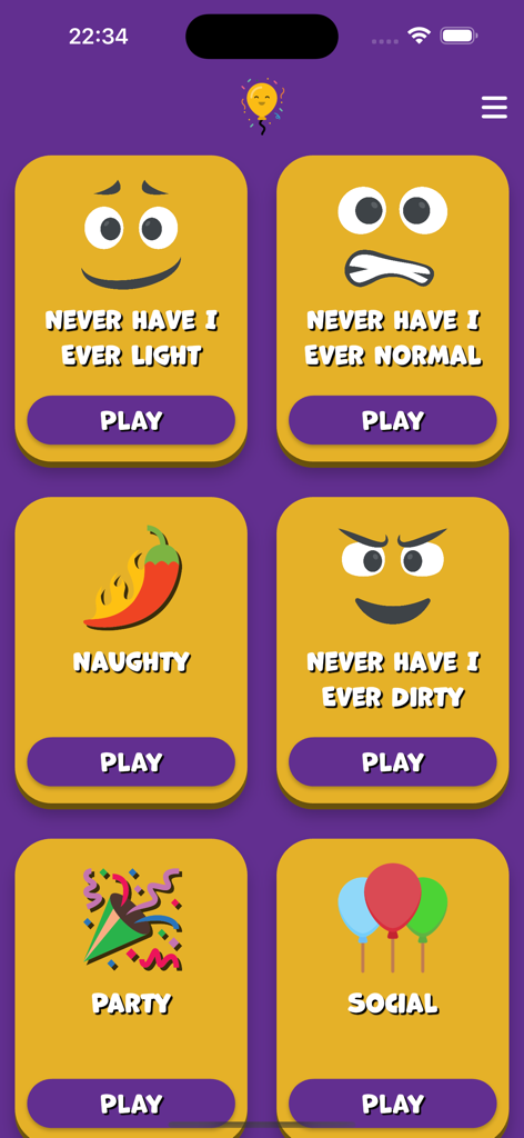 OGole - Party game - Main menu of OGole party game showing selection tiles for Never Have I Ever, Naughty, Party, and Social modes.