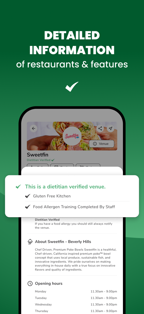 Foodini US - Foodini US app screen showing a dietitian verified restaurant profile with gluten free kitchen and staff allergen training details