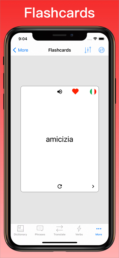 Italian Translator + - Tela do recurso de flashcards do aplicativo Italian Translator para aprender vocabulário italiano