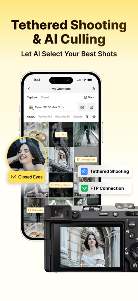 Evoto Instant - Evoto Instant app interface showcasing AI photo culling and tethered shooting for professional photographers