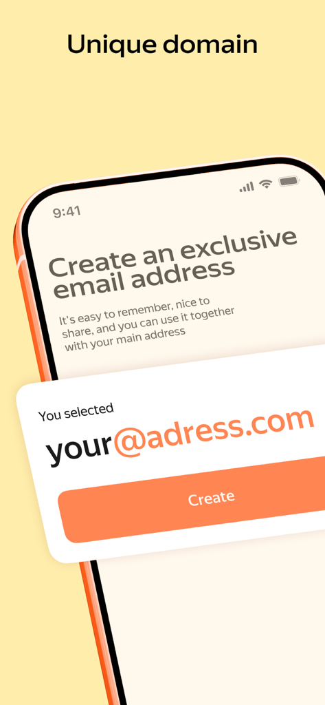 Yandex Mail app interface showing the option to create a unique and exclusive email address