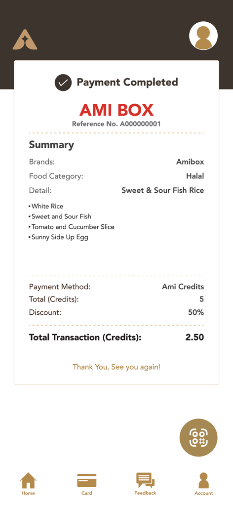 Ami App - Ami App payment completed screen displaying an order receipt for an AMI BOX meal with transaction details in credits