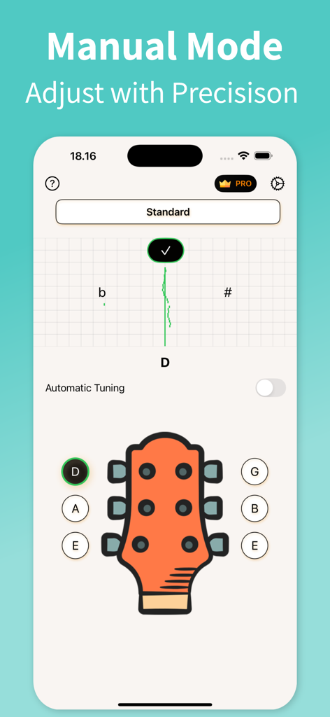 Guitar Tuner - TuneGuide - Interfaz de afinación manual de la aplicación Guitar Tuner TuneGuide que muestra un clavijero de guitarra y una aguja de alta precisión