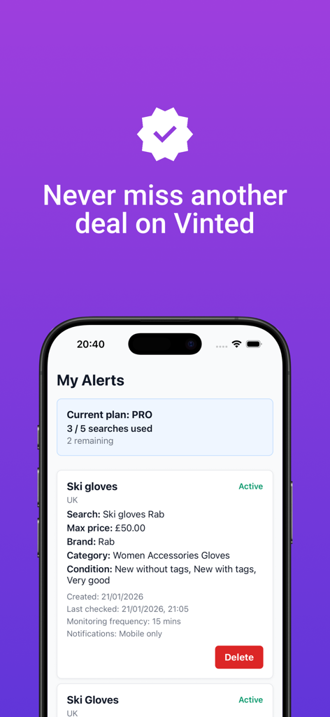 Interfaz de la aplicación Vinotify mostrando alertas de búsqueda activas de Vinted