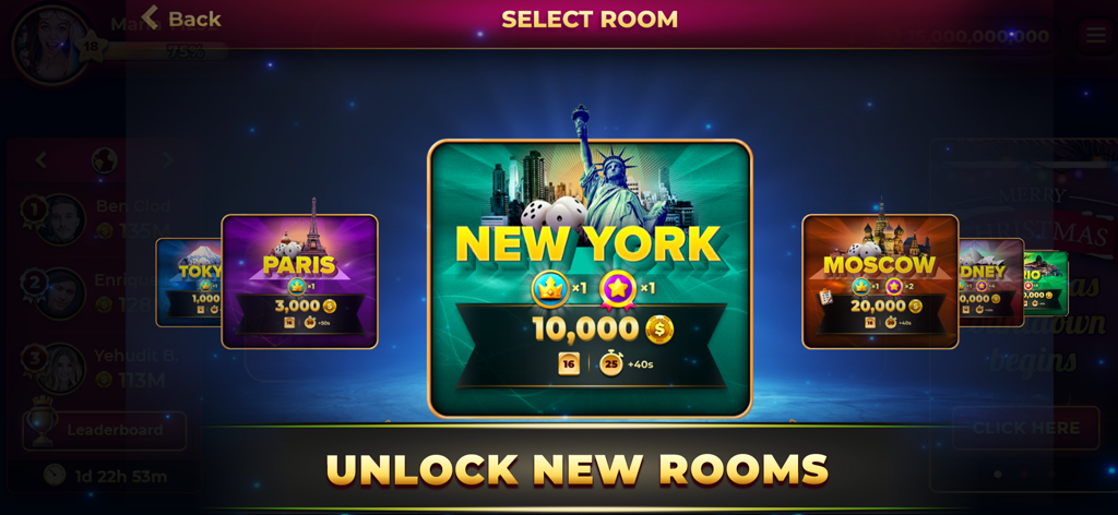 Backgammon King Online Games - Room selection screen in Backgammon King showing unlockable city themed boards