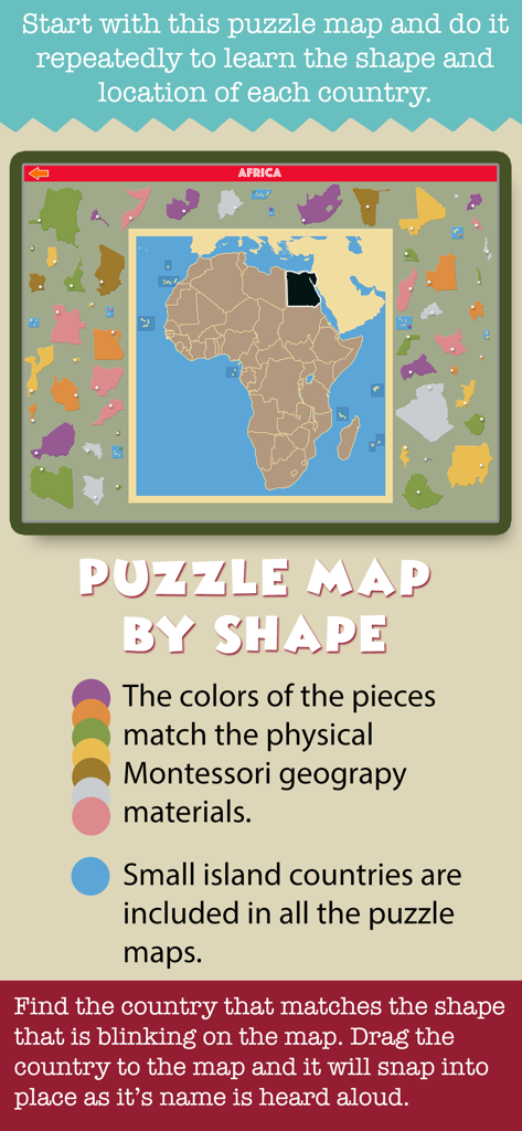 Montessori Ultimate Geography - Digital Montessori puzzle map of Africa where children match country shapes to their locations on the continent