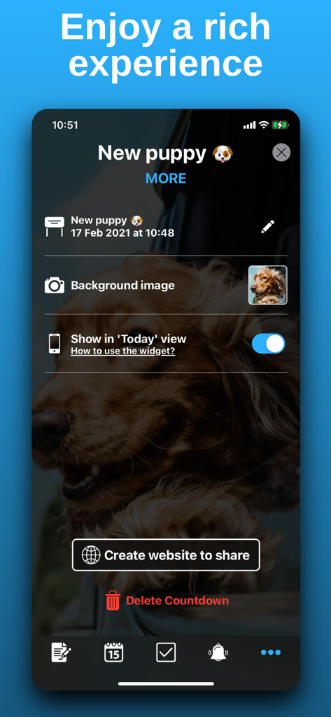 Mobile app interface showing a personalized countdown for a new puppy with a custom background image and sharing options.