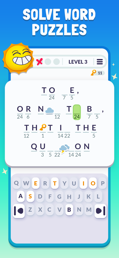 Cryptogram mobile game interface showing a logic puzzle with the quote To be or not to be that is the question