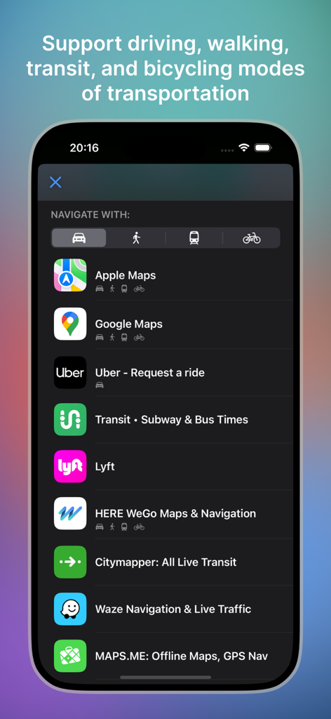 Navify-Bildschirm zeigt unterstützte Navigations-Apps und Transportmittel einschließlich Autofahren, Gehen, Nahverkehr und Radfahren