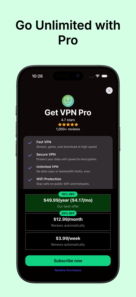 Écran d'abonnement VPN Super Unlimited Proxy Pro affichant les options de prix annuels, mensuels et hebdomadaires.