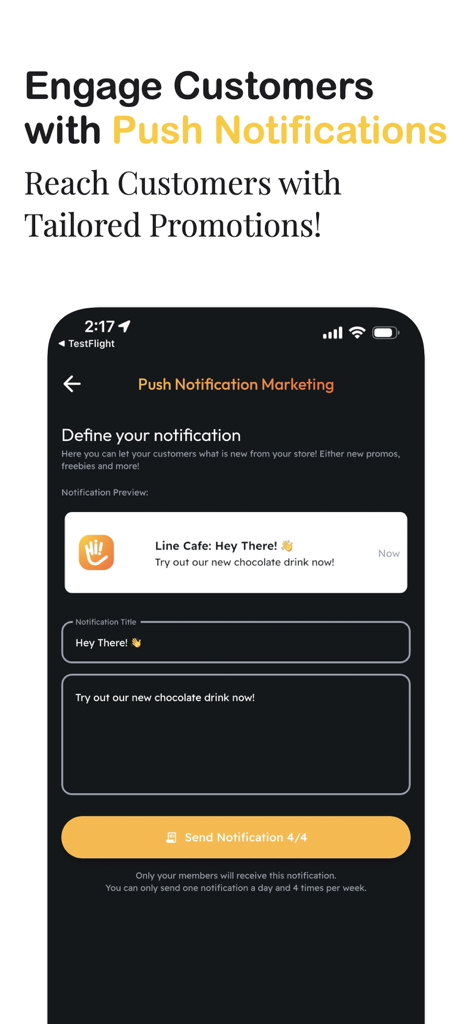 A mobile screen showing the push notification marketing dashboard for a business owner to send tailored promotions to customers.