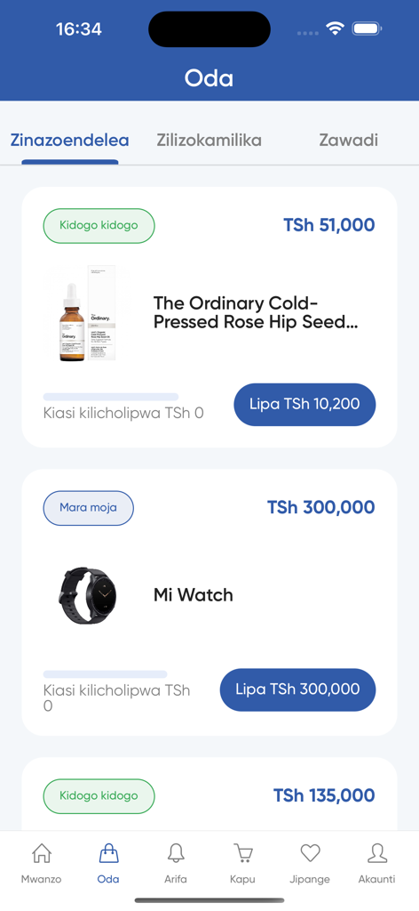 Tunzaa mobile app screen showing a list of active orders with installment payment options for skincare and electronics