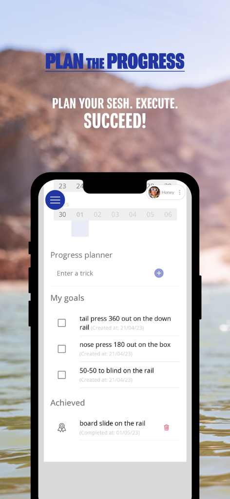 Grabby app screen showing a progress planner for board sport tricks with a checklist of goals and achievements.