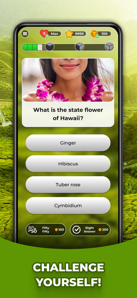 Triviascapes: Quiz & IQ test - Una pregunta de concurso de trivialidades sobre la flor del estado de Hawái en la aplicación Triviascapes con un fondo de naturaleza.