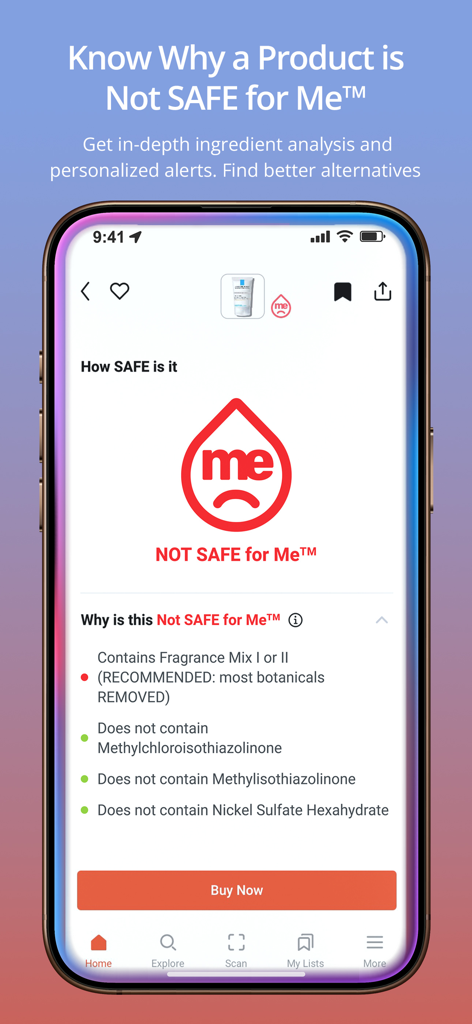 SkinSAFE: AI Skincare Scanner - SkinSAFE app screen showing personalized skincare ingredient analysis and safety alerts