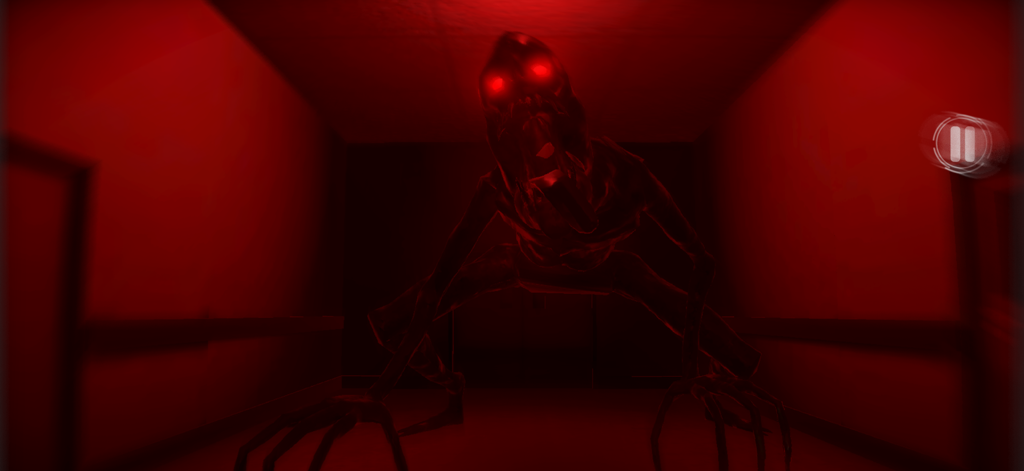 Backrooms: Outrun To Survive! - Un monstruo aterrador con ojos rojos brillantes arrastrándose hacia el jugador en un oscuro pasillo rojo