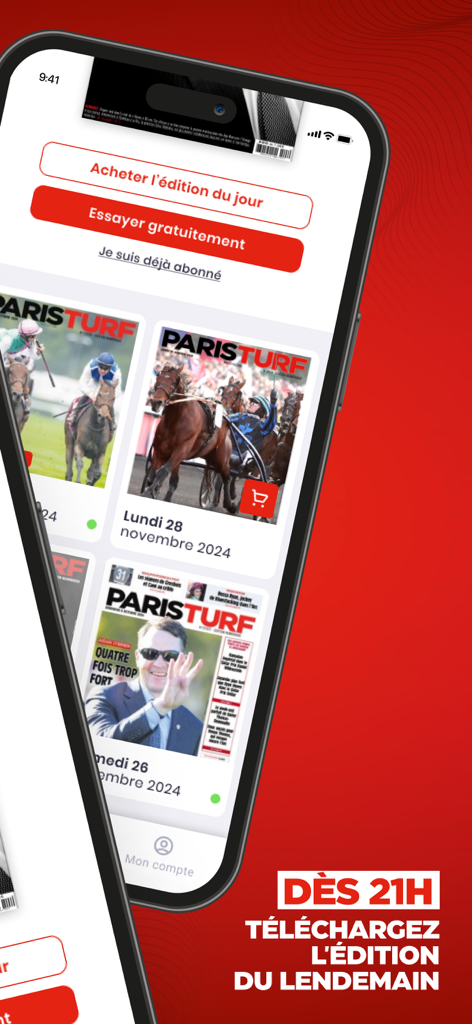 Paris Turf: actualité hippique - Smartphone-Bildschirm, der die Paris Turf App mit verschiedenen digitalen Ausgaben der Pferderennsportzeitung anzeigt