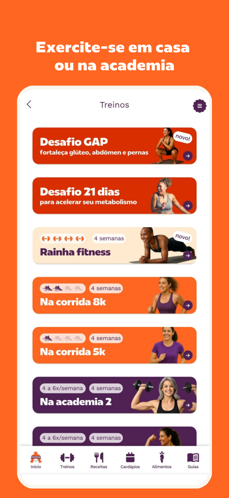 Superela: Exercícios, Receitas - Interface of the Superela app showing various fitness workout programs for home and gym