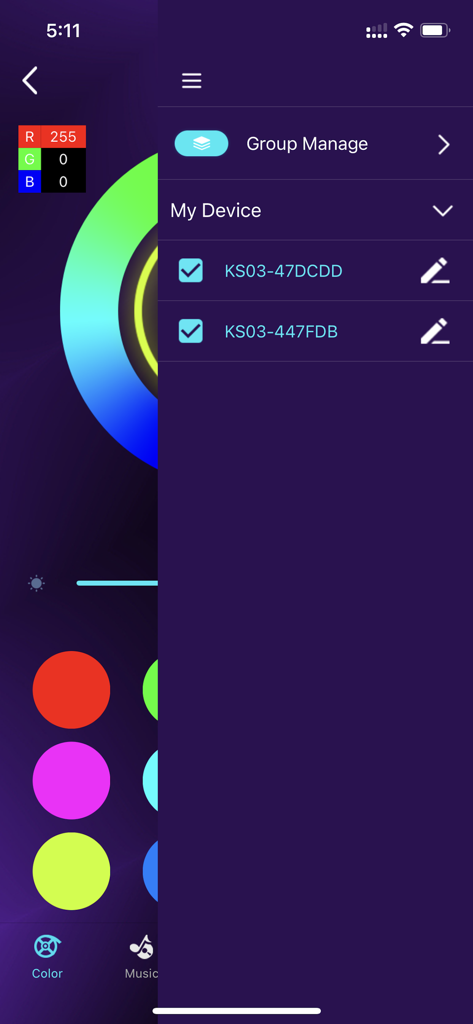 Dazzling Home - Side menu in the Dazzling Home app showing a list of connected smart light devices and group management options.