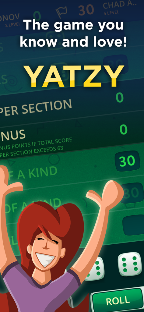 A cartoon woman celebrating a yatzy win in the dice club us mobile game