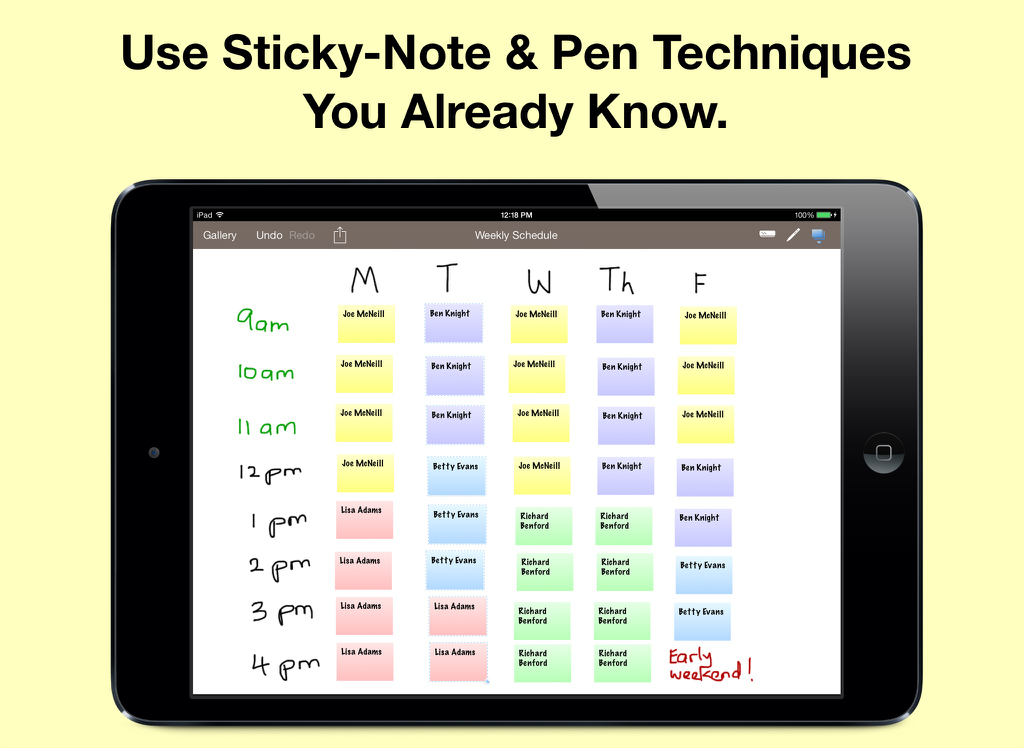Stickyboard 2 - Weekly schedule on iPad using Stickyboard 2 with color coded digital sticky notes