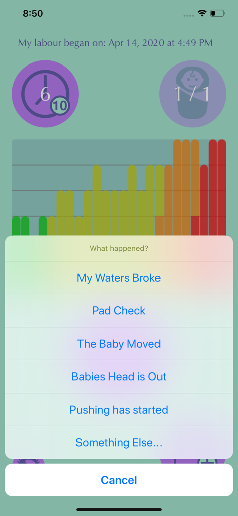 A labor tracking app interface showing a menu for logging events such as water breaking and baby movement over a colorful contraction frequency bar chart.