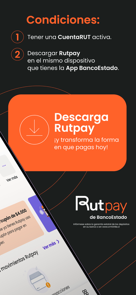 Rutpay: Tu nueva forma de pago - Una pantalla que enumera las condiciones para descargar y usar la aplicación Rutpay de BancoEstado