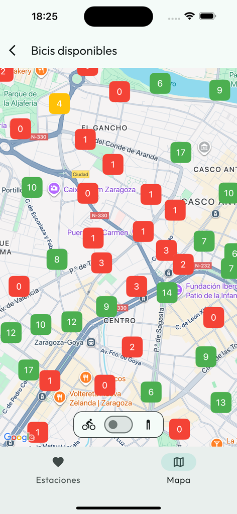 Zaragoza Bus Tranvia Cercanias - Mapa en tiempo real que muestra la disponibilidad de alquiler de bicicletas en Zaragoza con indicadores de estado