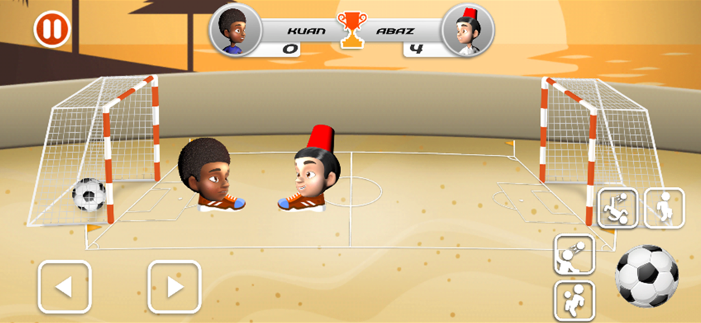 Head Soccer-Play Football - Jugabilidad de Head Soccer que muestra un partido uno contra uno en un campo de playa con cabezas de personajes y botones de acción.