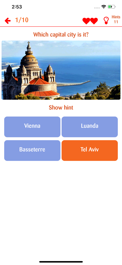 Capitals Game app interface showing a geography quiz question asking to identify a capital city from a landmark picture.