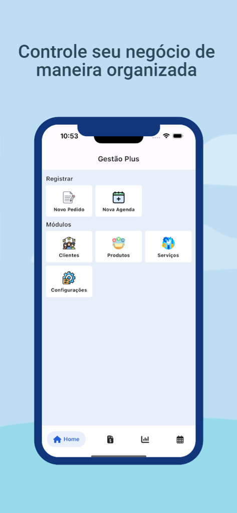Venbook: Customers, Orders - Tela inicial do aplicativo móvel Venbook mostrando um painel limpo com ícones para novos pedidos, agendas, clientes, produtos e serviços.