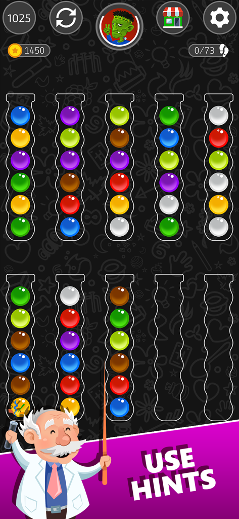 Ball Sort Master - Captura de tela do jogo Ball Sort Master mostrando bolas coloridas em tubos e um cientista de desenho animado promovendo o recurso de dicas