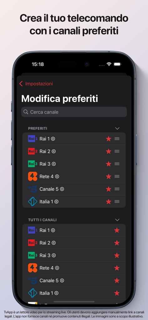Interfaz de TvApp en iPhone que muestra la pantalla para editar y organizar canales de TV favoritos