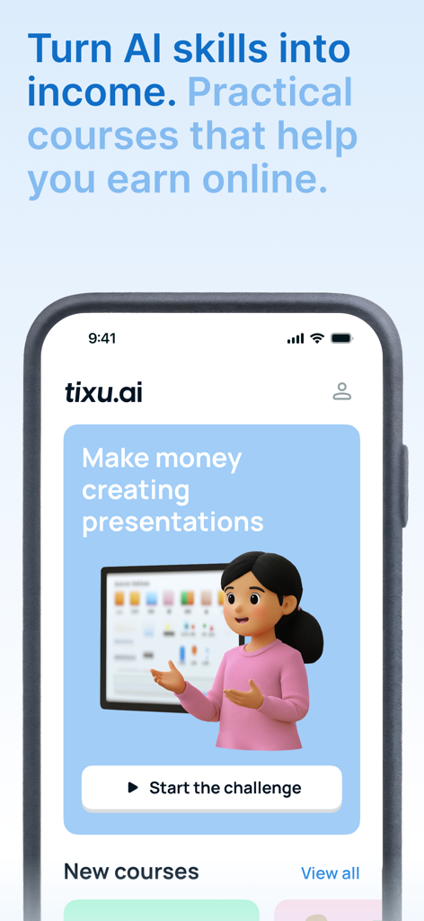 Interface of Tixu app featuring an AI course for creating presentations and earning online